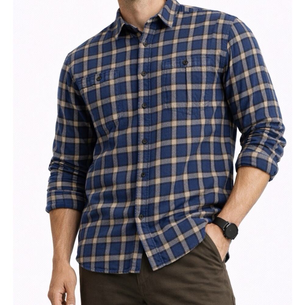 Stapleford Classic Fit Plaid Flannel Button-Up Shirt Blue Beige Men's M